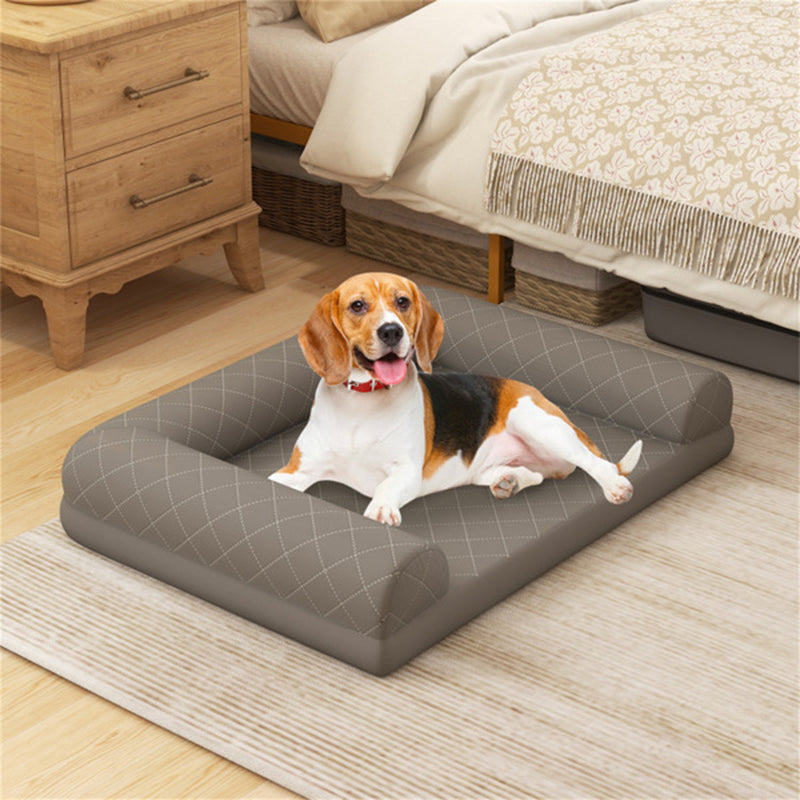 Beagle resting on orthopedic dog bed with soft polyester surface and non-slip bottom