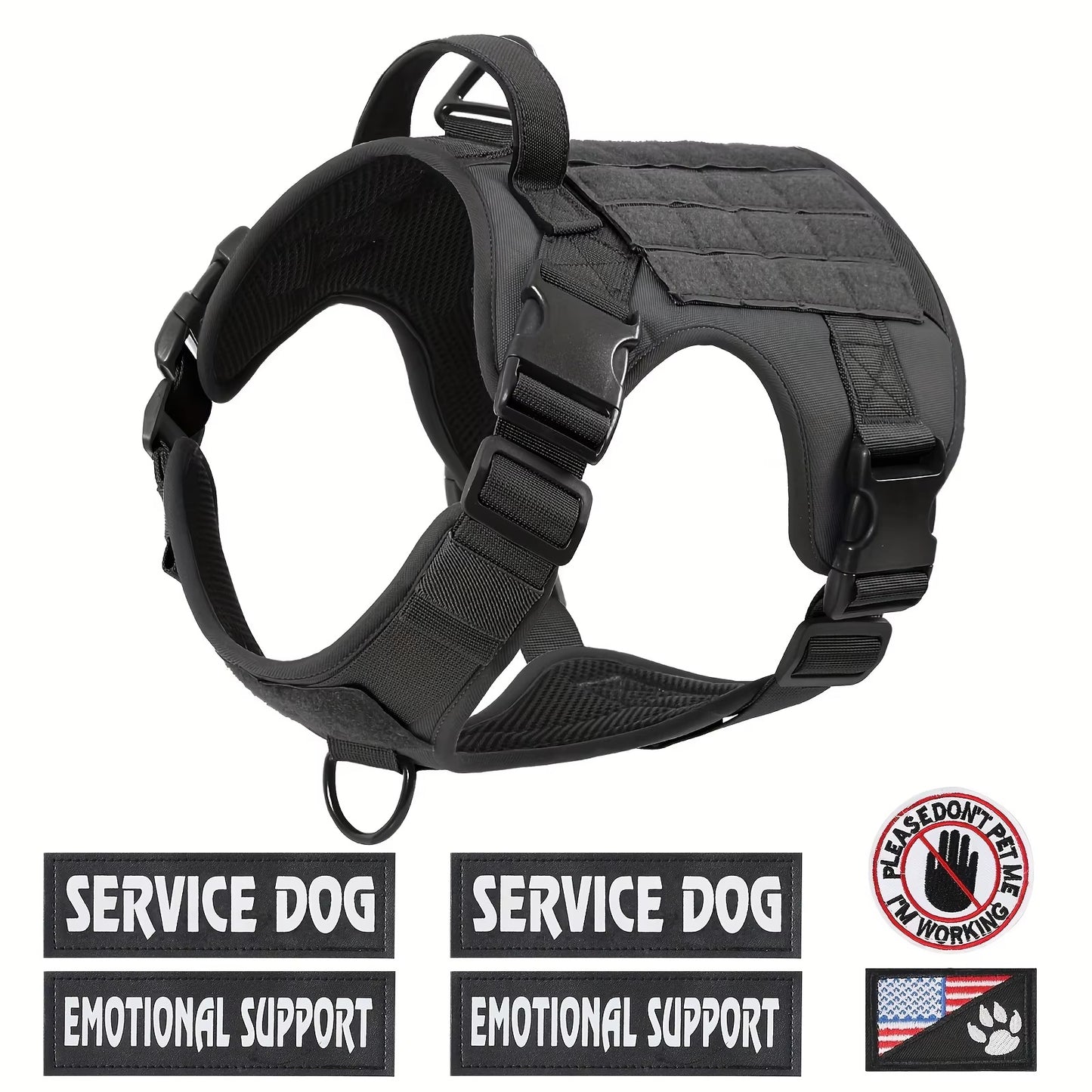 Black reflective dog harness with padded handle and dual leash attachment points