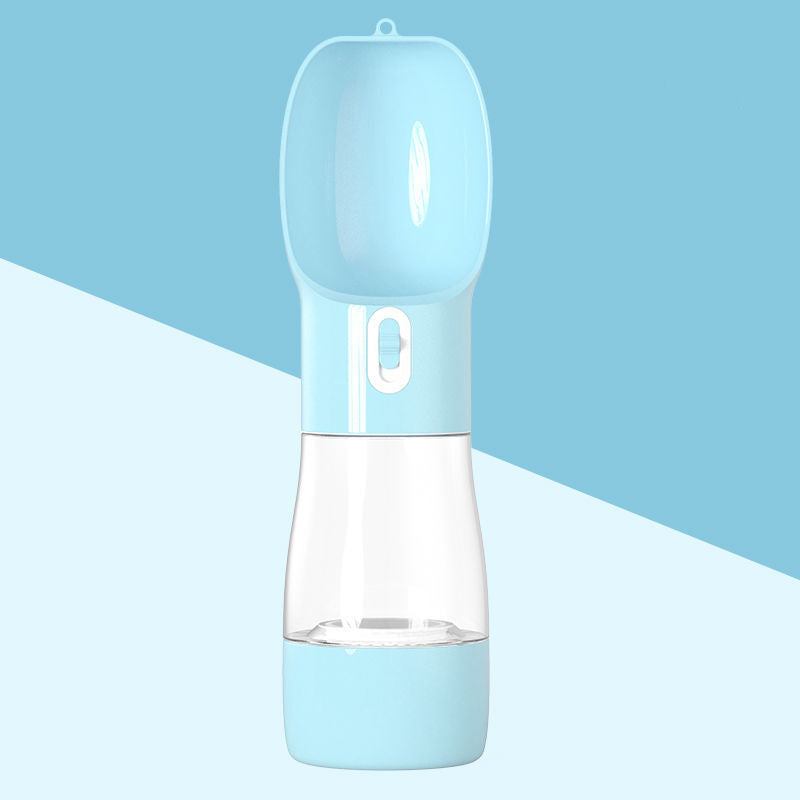 Blue portable senior dog travel water and food bottle with one-hand use spout