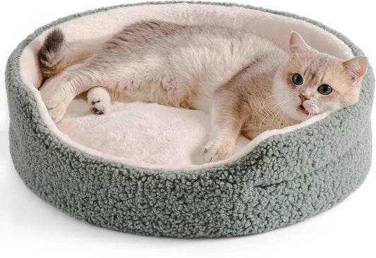 Cat resting in sage green round orthopedic pet bed with plush lining