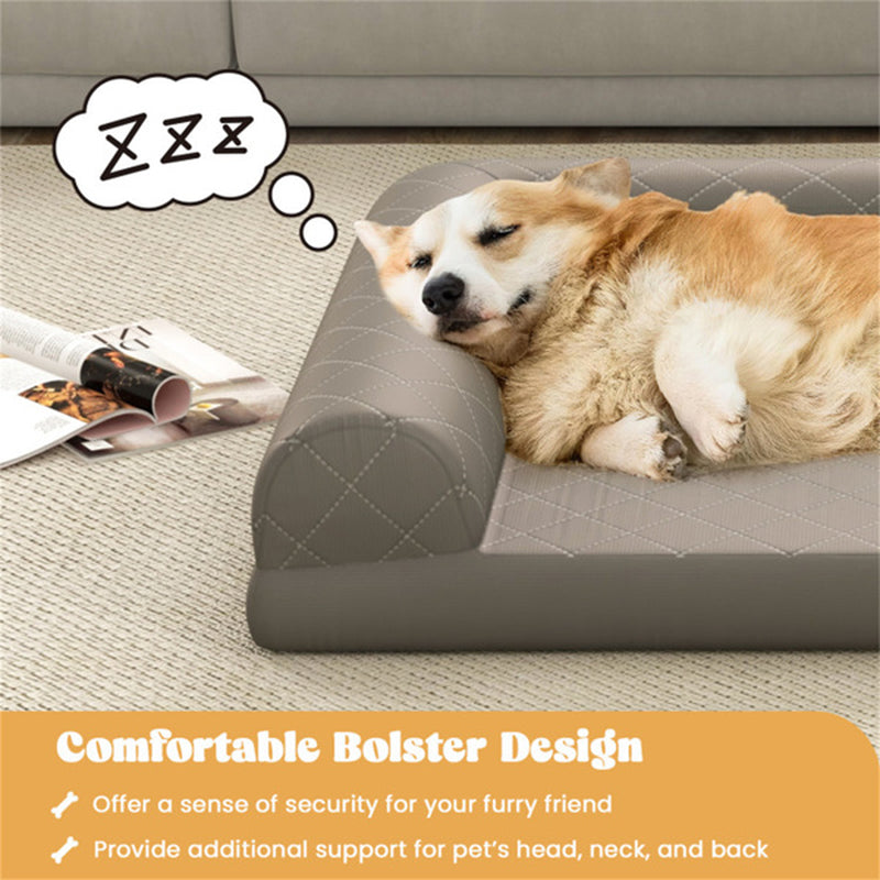 Corgi sleeping on orthopedic bolster dog bed designed for senior dogs with joint support