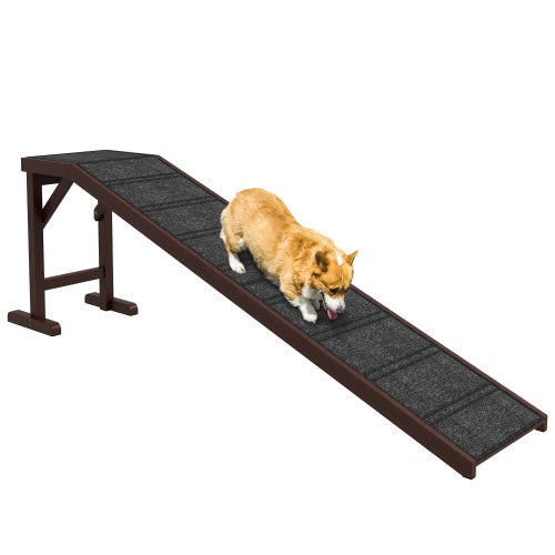 Corgi using wooden pet ramp with traction carpet, joint-friendly for senior pets