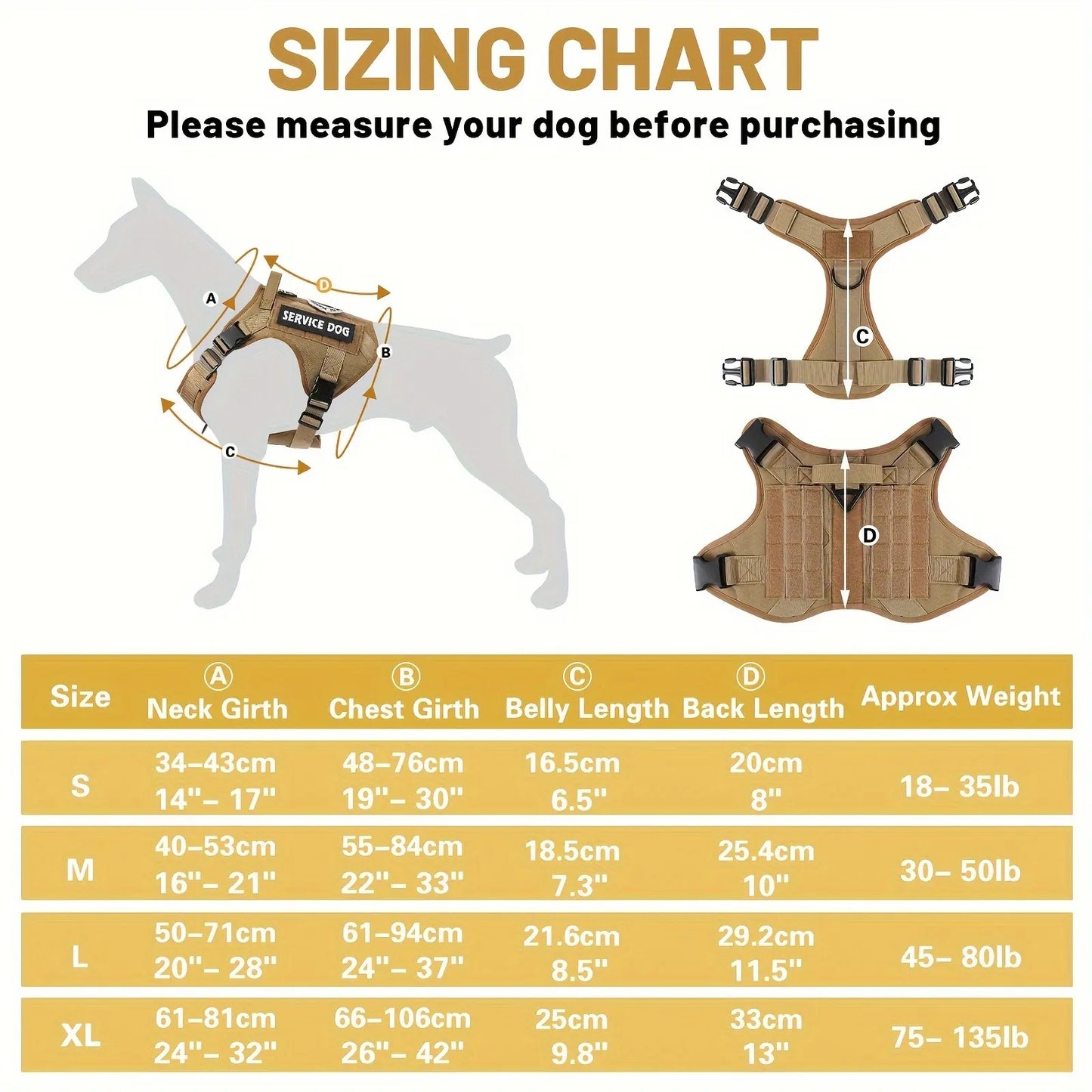 Dog harness size chart with neck and chest measurements for S, M, L and XL.