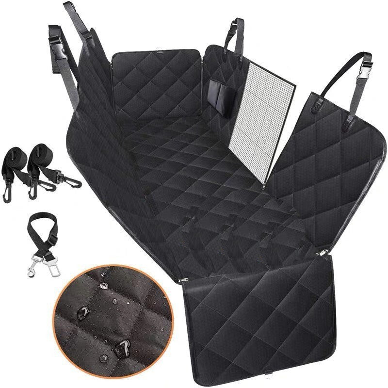 Full view of black senior dog hammock seat cover with mesh window, belts, and waterproof surface