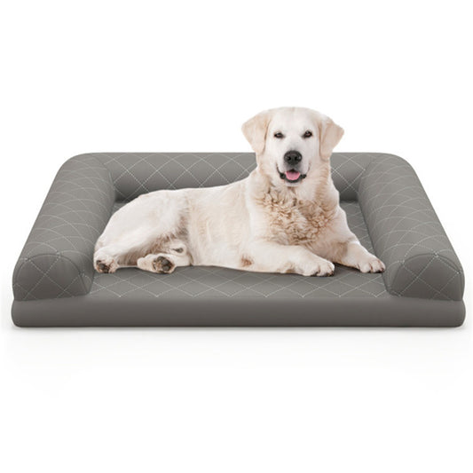 Golden retriever lying on 36 inch orthopedic memory foam dog bed with bolstered sides
