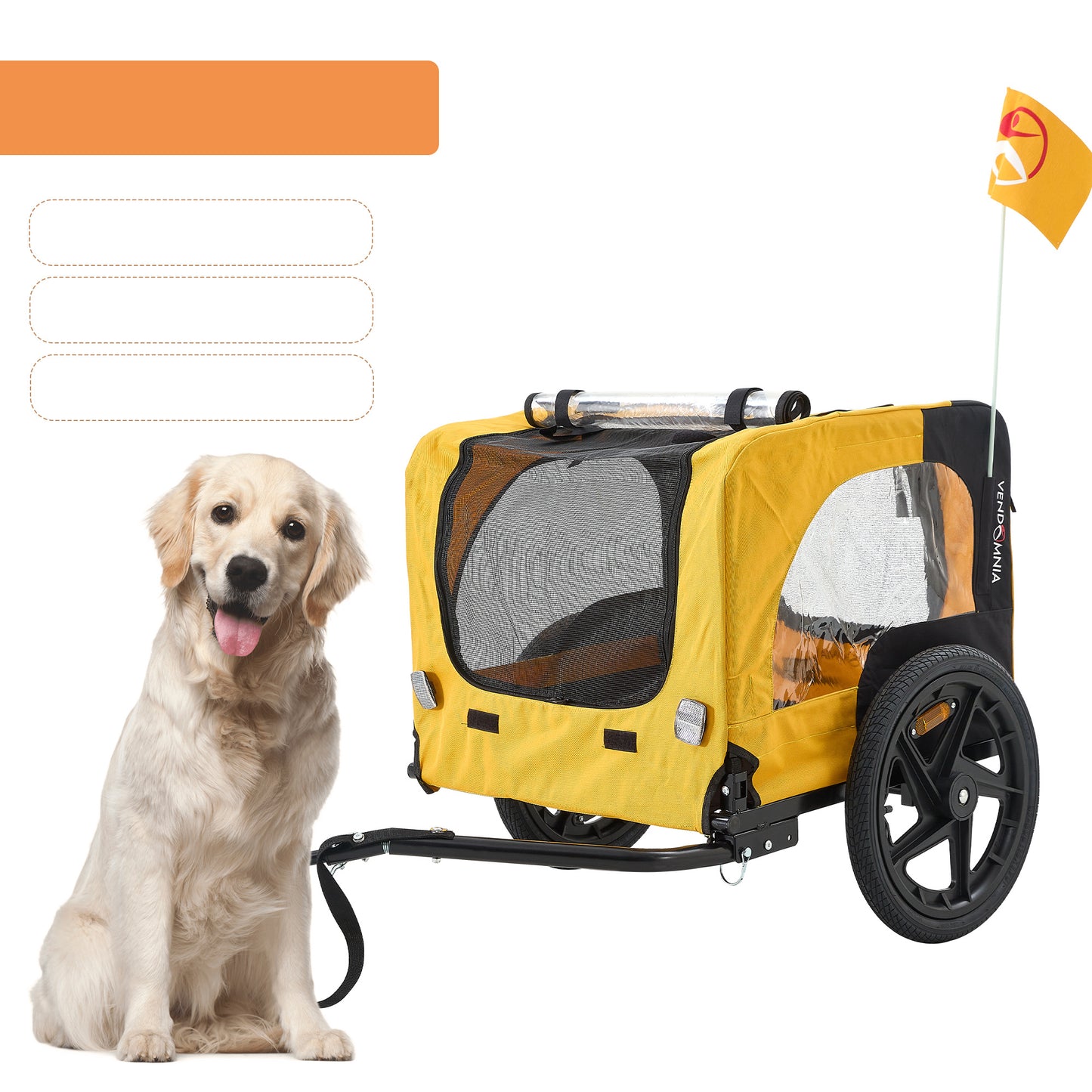 Golden retriever sitting beside foldable yellow dog bicycle trailer with canopy and flag
