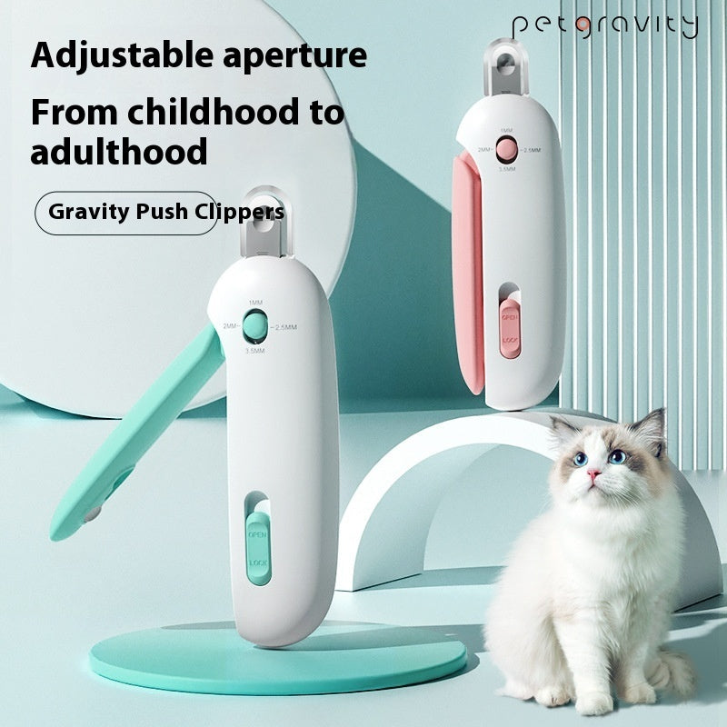 Gravity-push cat nail scissors in mint and pink with adjustable aperture