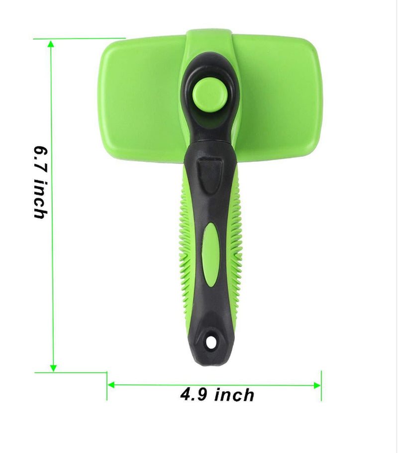 Green pet grooming brush with ergonomic black handle, shown with size dimensions 6.7 by 4.9 inches.