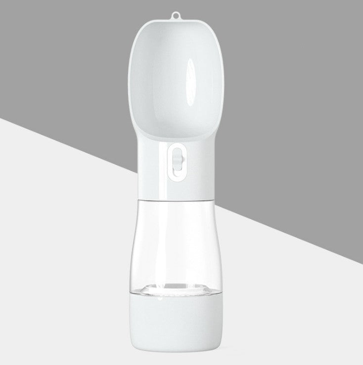 Grey portable senior dog travel water and food bottle with one-hand use spout