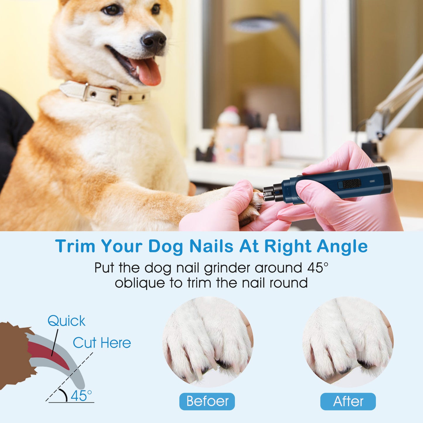 How to trim dog nails at a 45-degree angle with a nail grinder