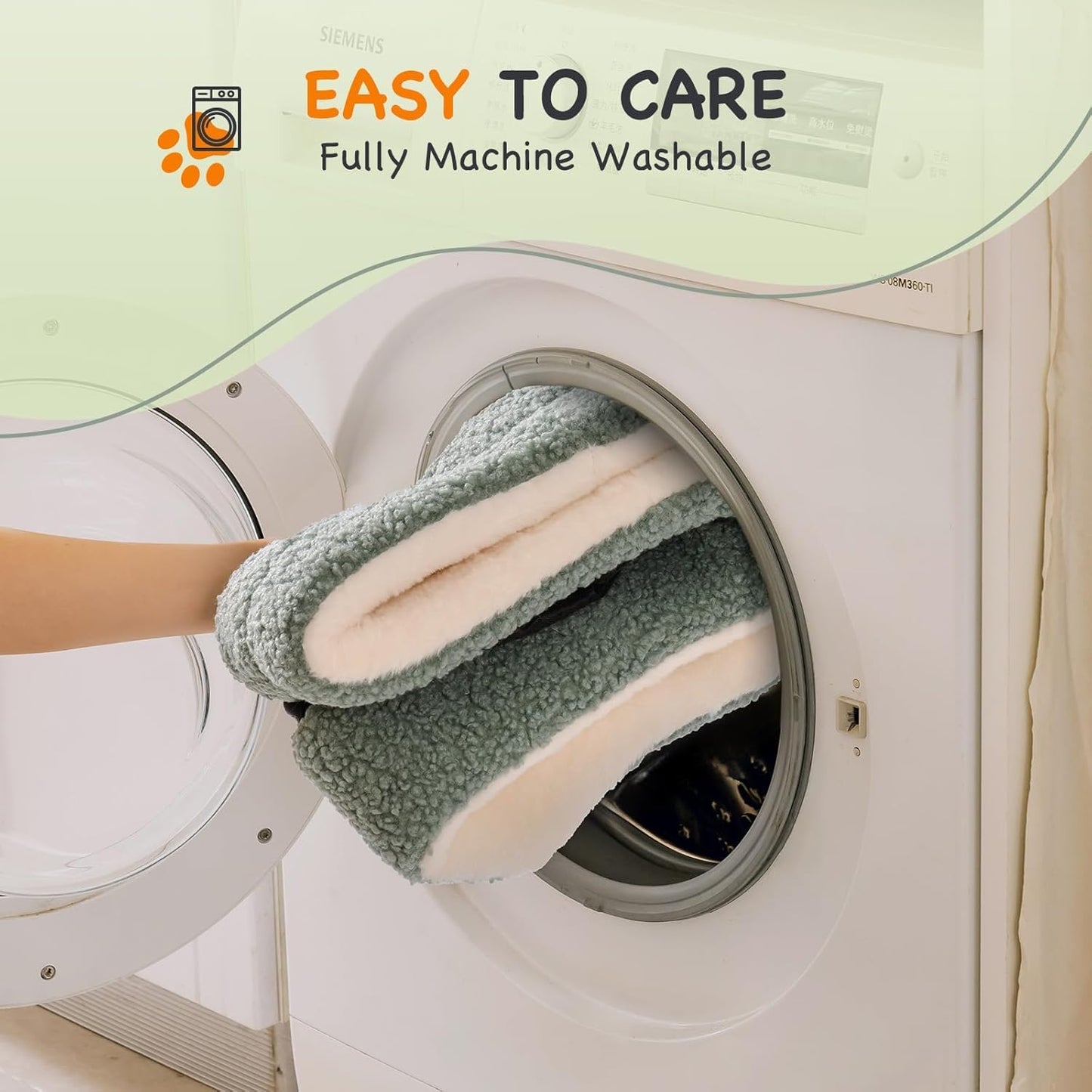 Machine washable round pet bed being placed in washing machine