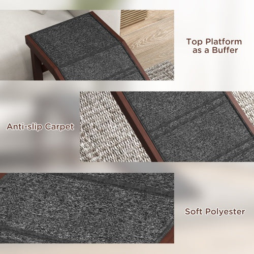 Non-slip carpet tread, soft polyester, and platform detail collage on pet ramp