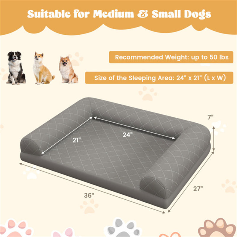 Orthopedic dog bed dimensions 36x27x7 inches with 24x21 inch sleeping area for dogs up to 50 lbs
