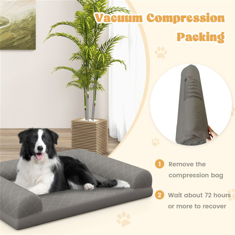 Orthopedic dog bed in vacuum compression packing with setup instructions