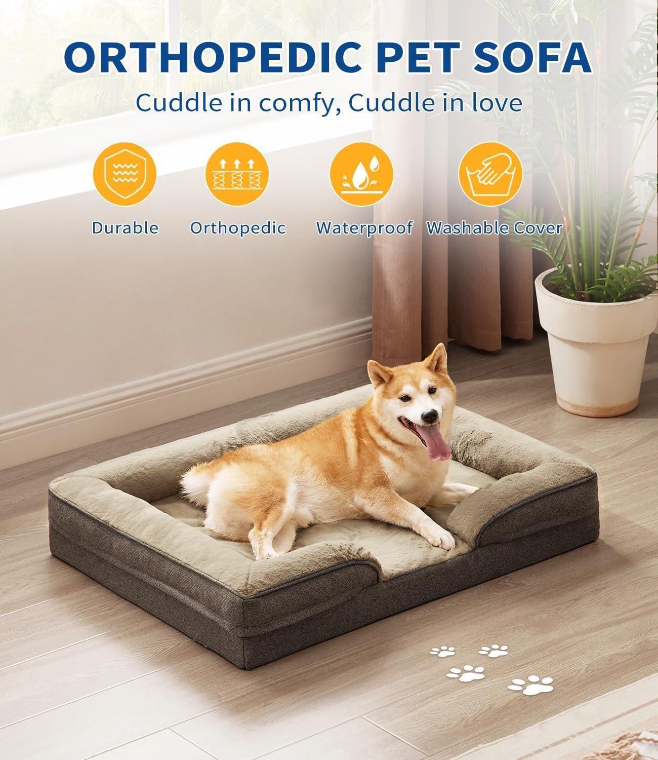 Orthopedic sofa-style dog bed with waterproof lining and washable cover