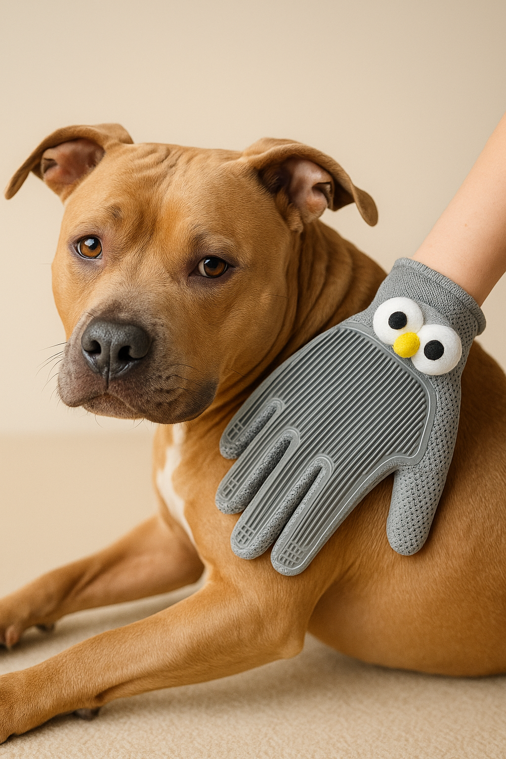 dog being brushed with gray grooming glove