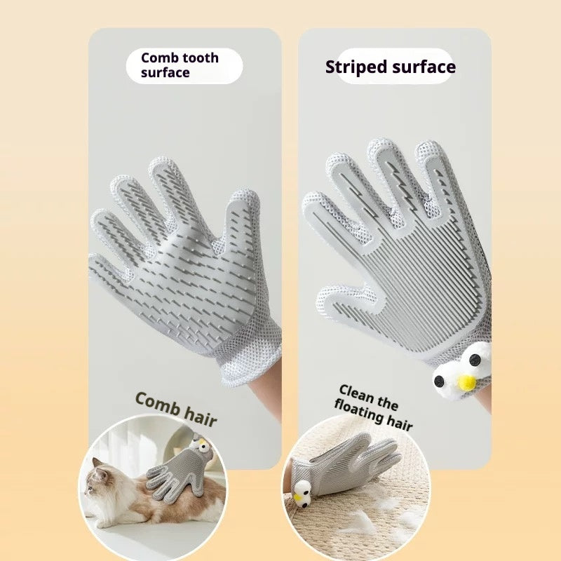 Close-up of single gray pet grooming glove with textured surface
