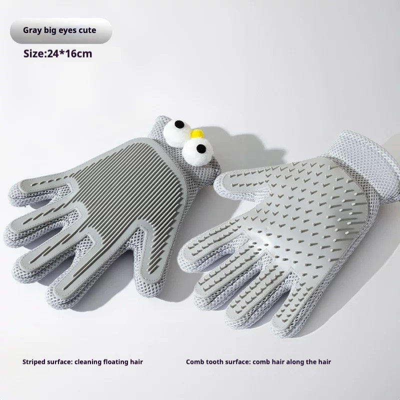 Green and gray pet grooming gloves shown with double-sided textures