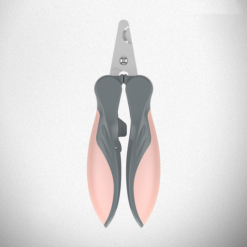Pink pet nail clippers with stainless-steel blades, safety lock and soft non-slip handles