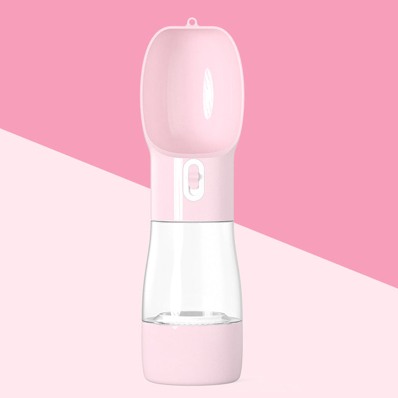 Pink portable senior dog travel water and food bottle with one-hand use spout