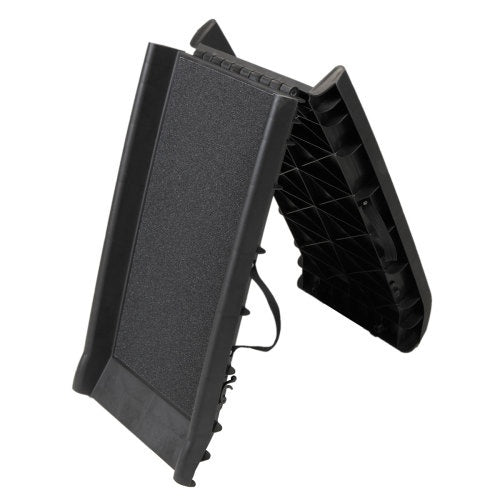 Portable bi-fold pet ramp partially folded showing non-slip walking surface