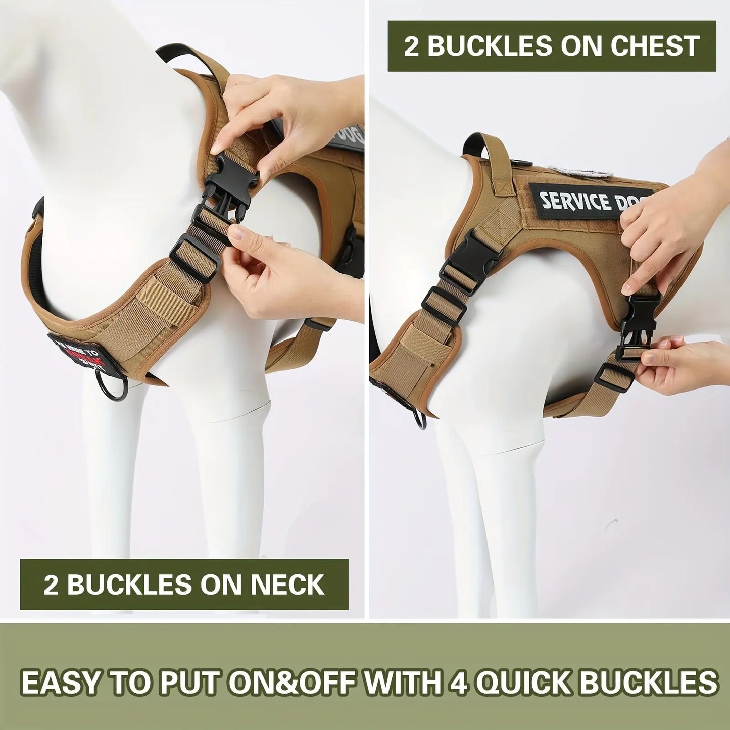 Quick-release buckles on neck and chest for fast on/off senior-friendly dog harness.