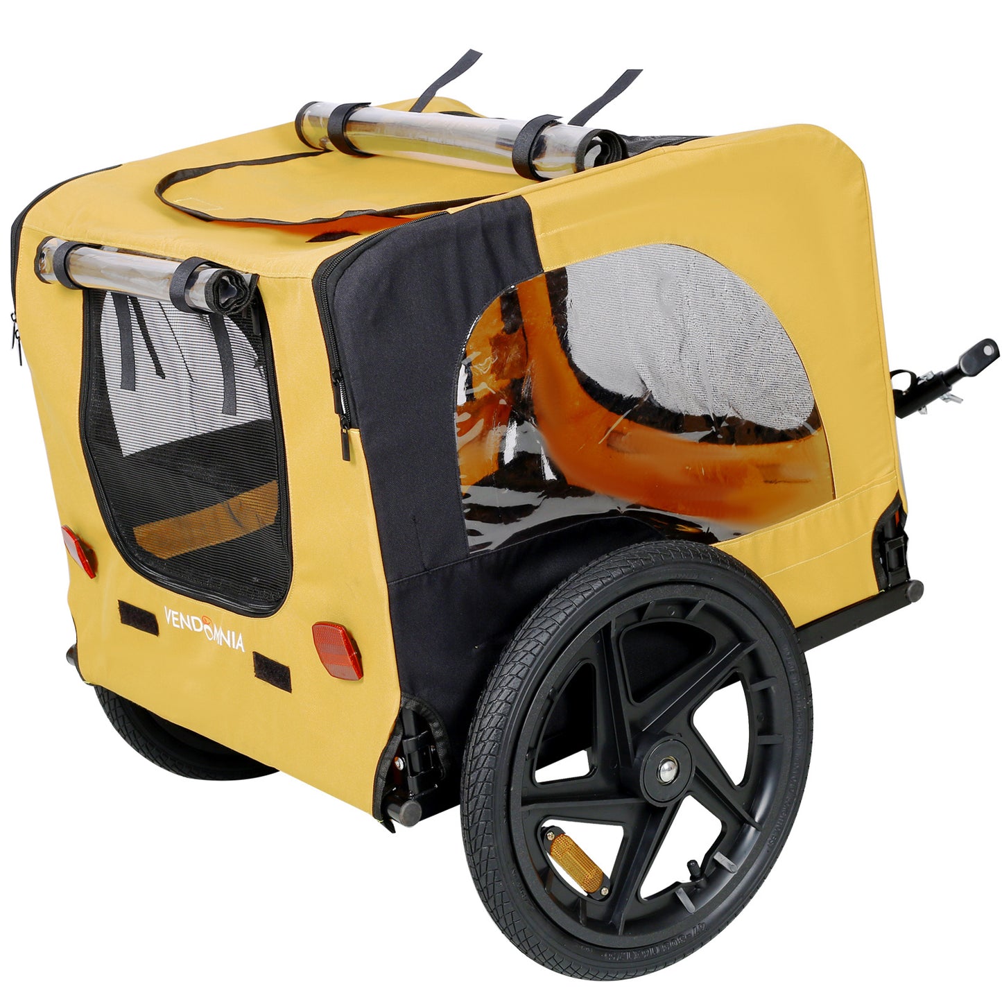 Rear view of yellow senior dog bicycle trailer showing entry door and mesh canopy