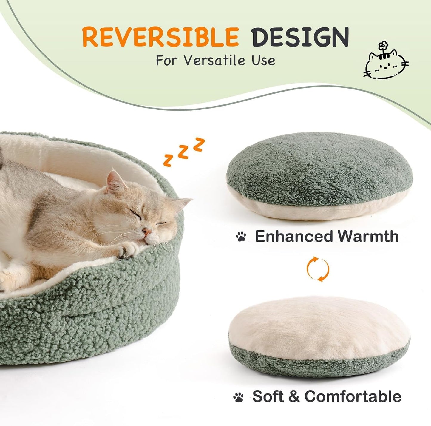 Reversible cat bed cushion showing soft fleece and warm sherpa sides