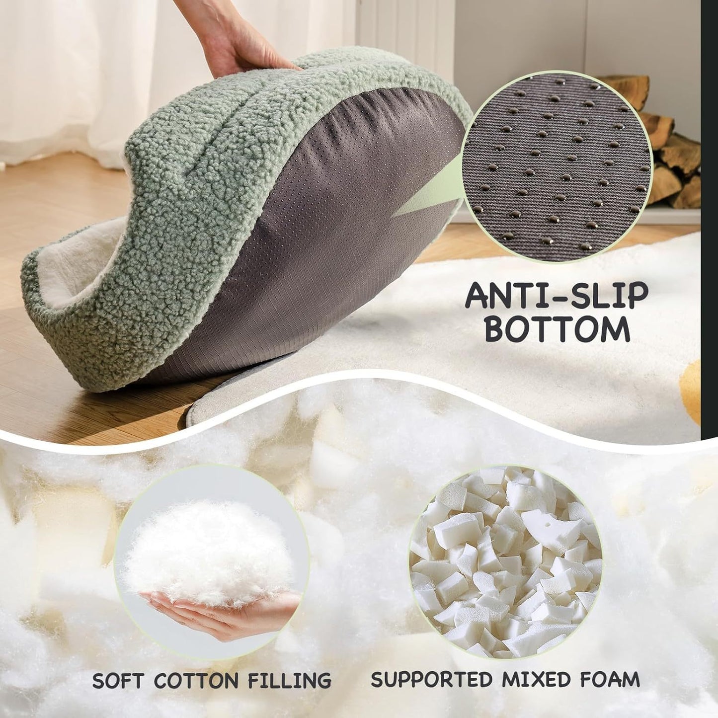 Sage green cat bed with anti-slip bottom, cotton filling, and orthopedic foam support