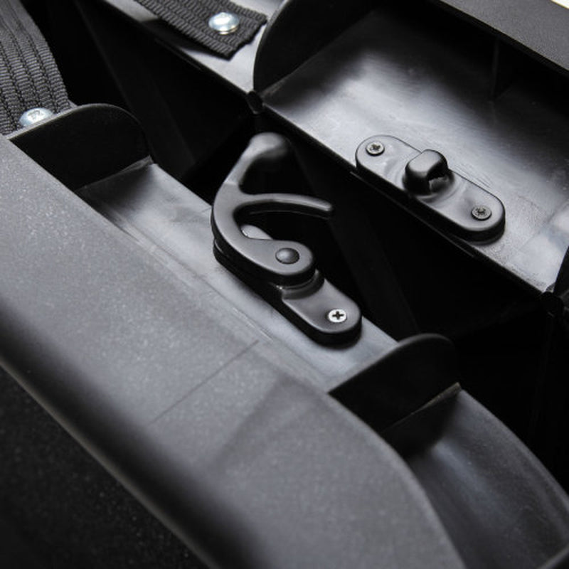 Secure locking mechanism detail on foldable dog car ramp for safe storage and travel