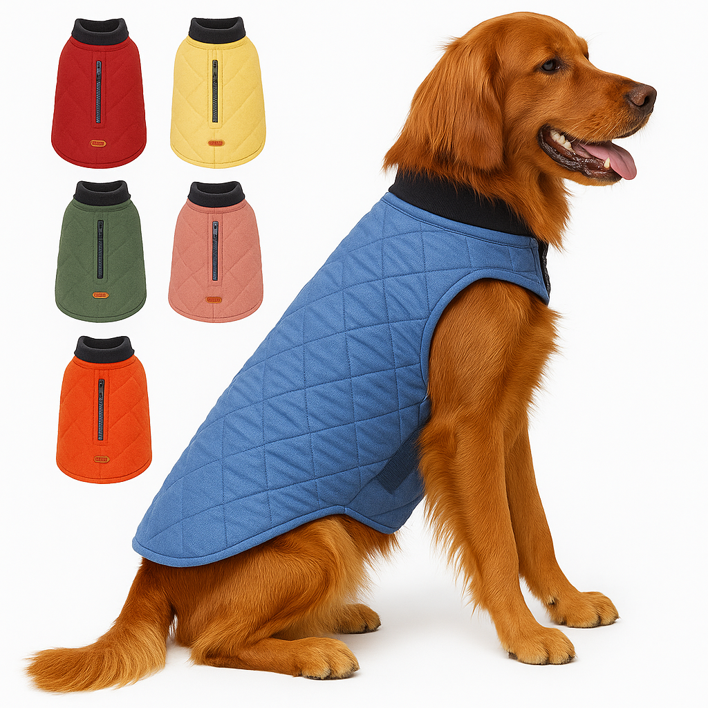 Senior dog wearing water-resistant quilted dog coat (blue)