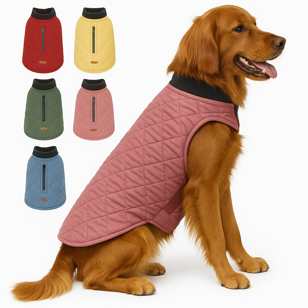 Senior dog wearing water-resistant quilted dog coat (pink)