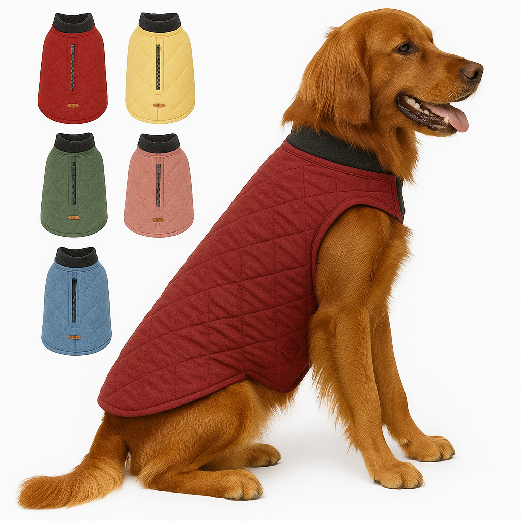 Senior dog wearing water-resistant quilted dog coat (red)