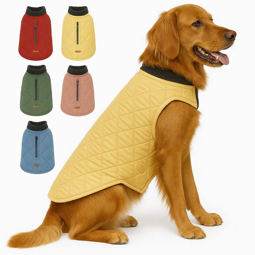 Senior dog wearing water-resistant quilted dog coat (yellow)