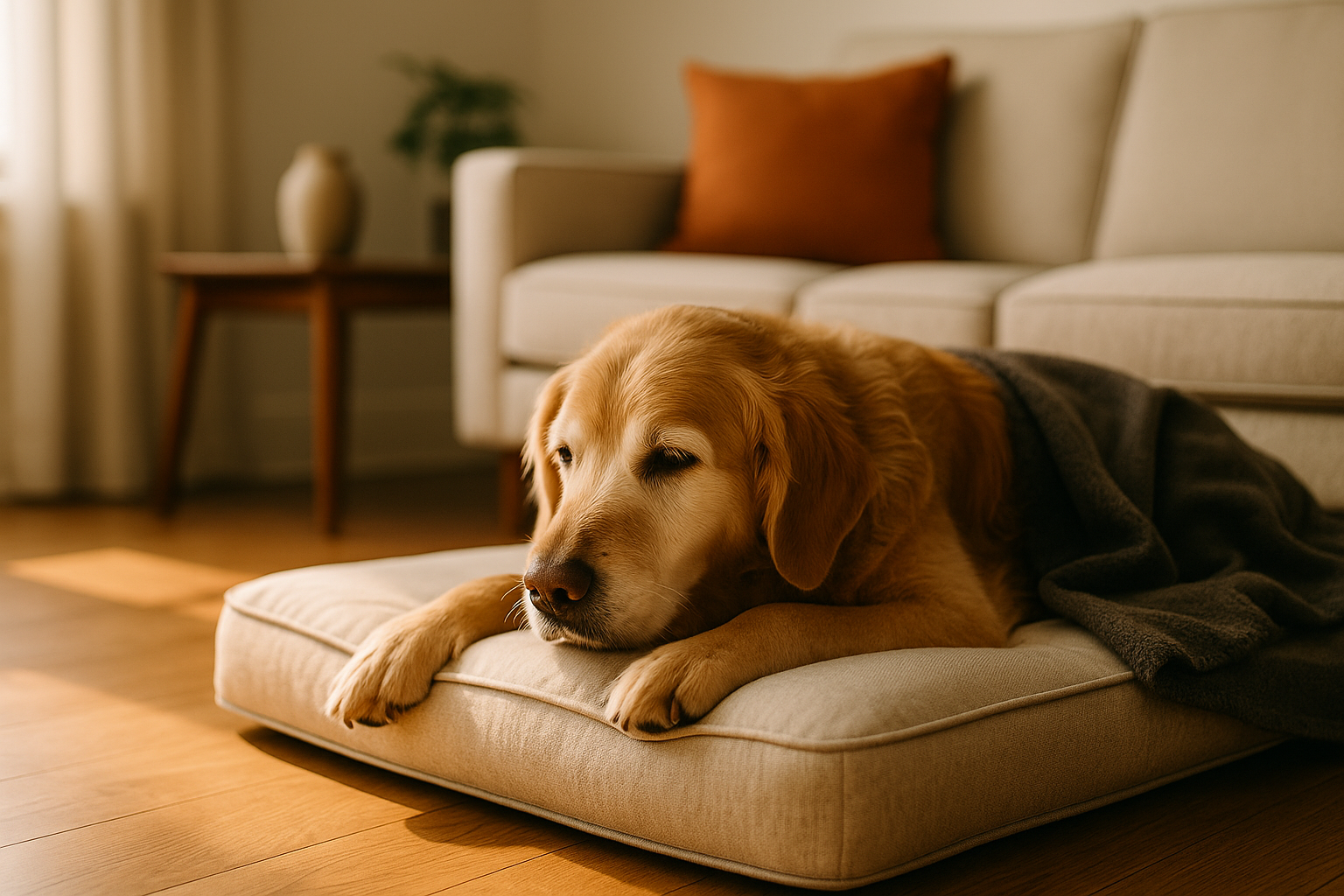 Senior golden retriever resting on an orthopedic dog bed in a warm, sunlit room.