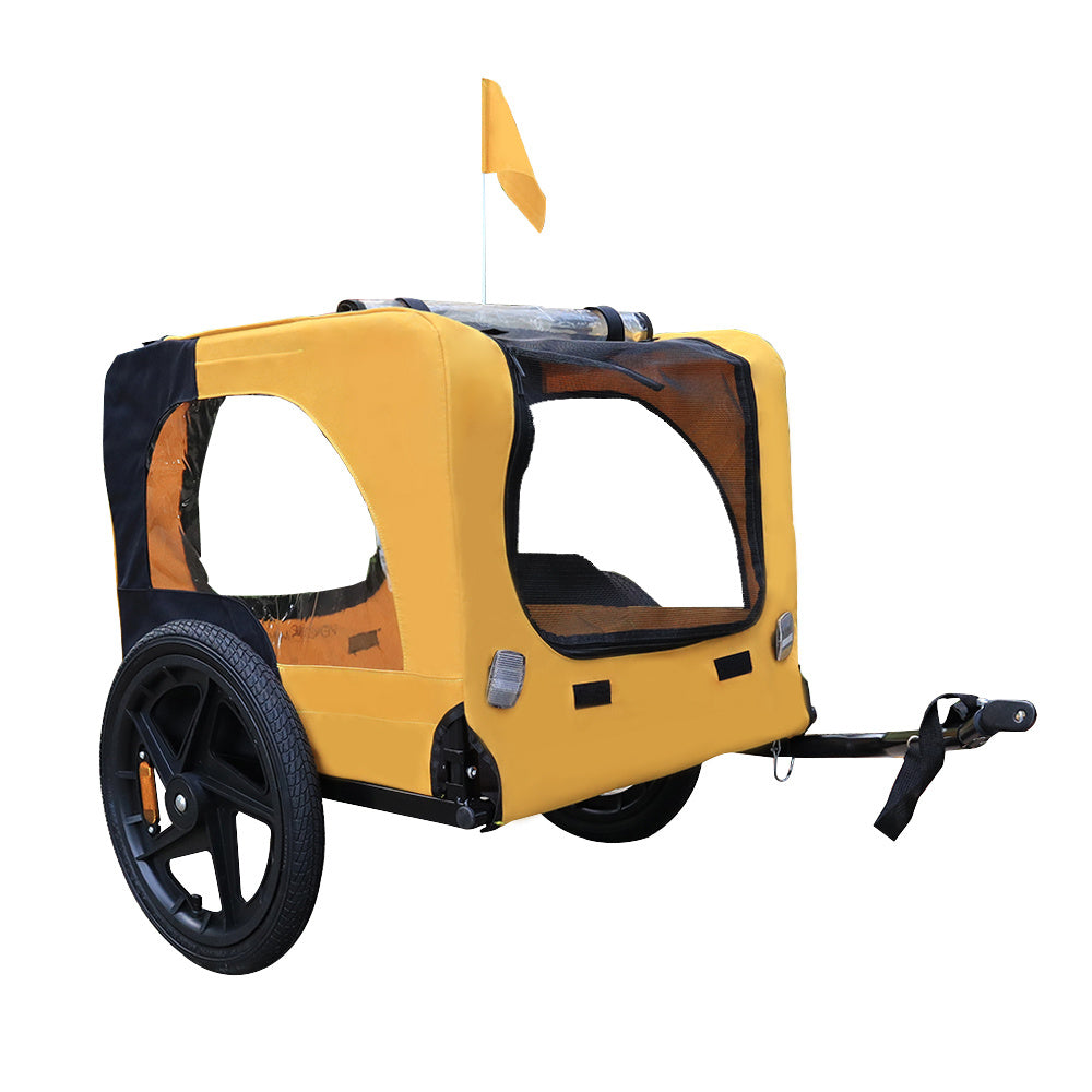 Side view of foldable yellow dog bike trailer with reflective wheels and canopy