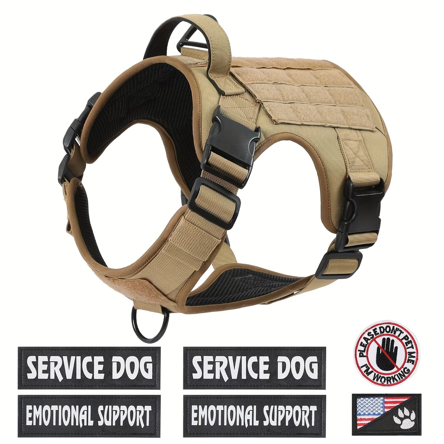 Tan reflective dog harness with padded handle and dual leash attachment points