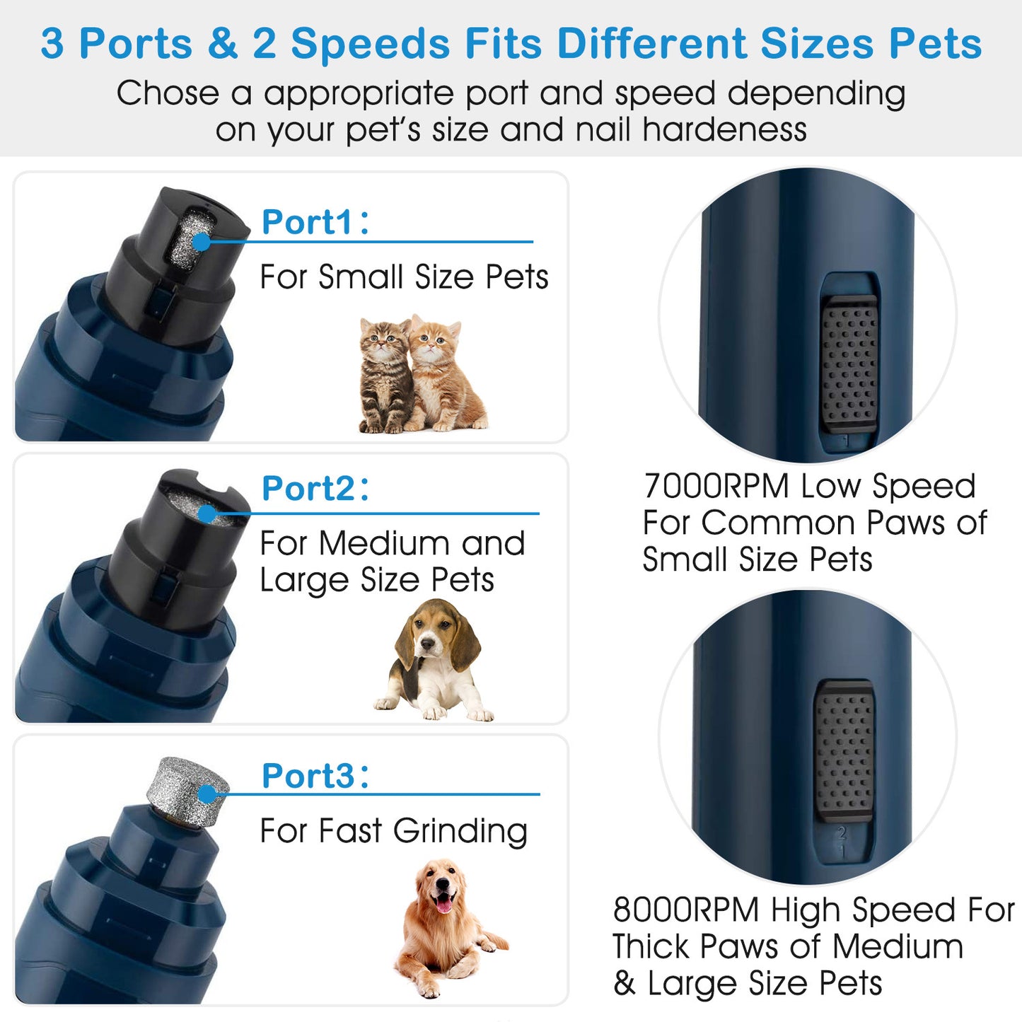 Three grinding ports and two speeds for small, medium, and large pets