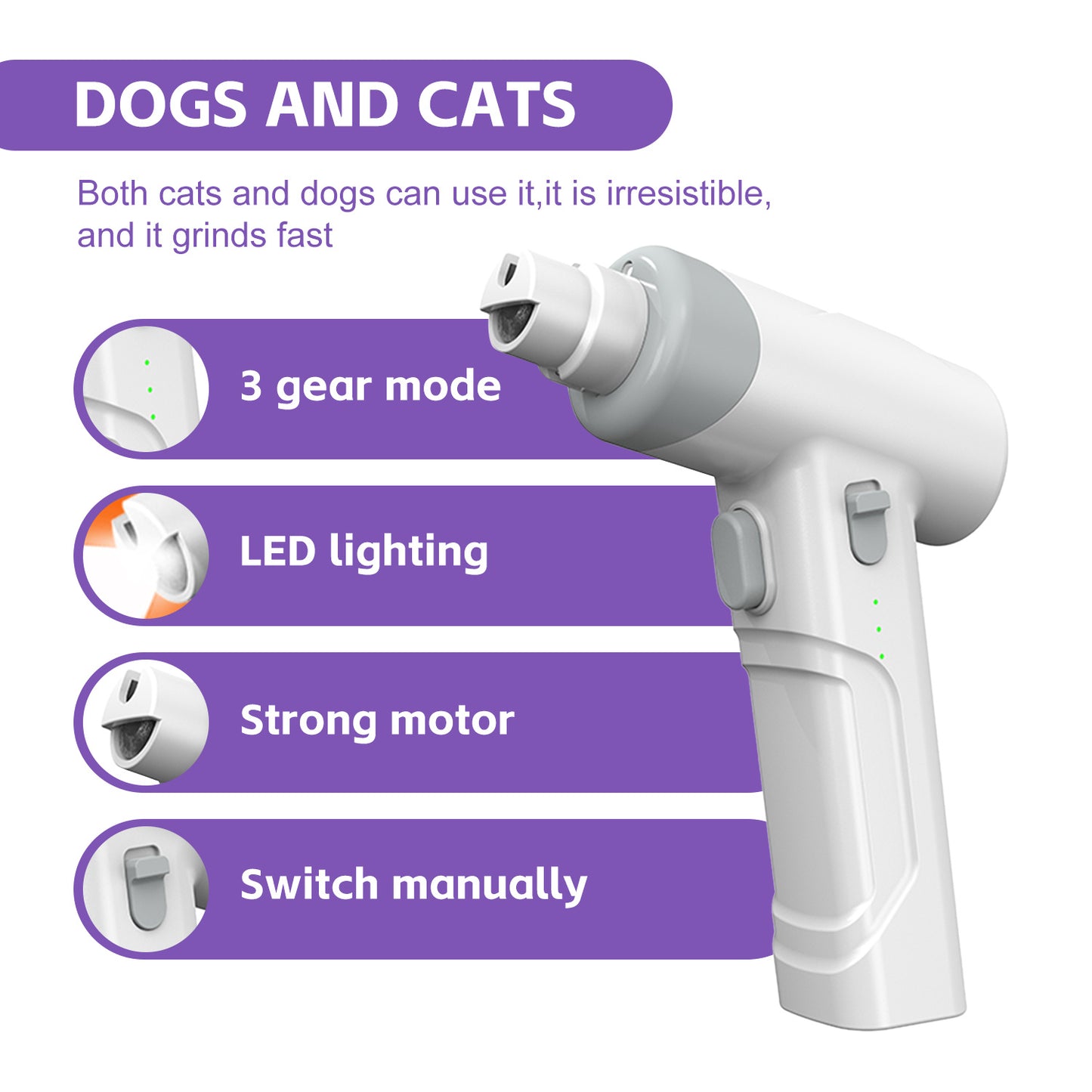 Three speed pet nail trimmer with LED lighting and powerful motor