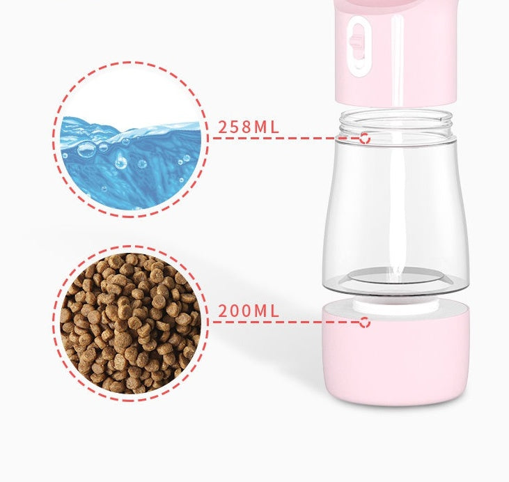 Travel pet water bottle capacity chart – 258 ml water and 200 g food storage