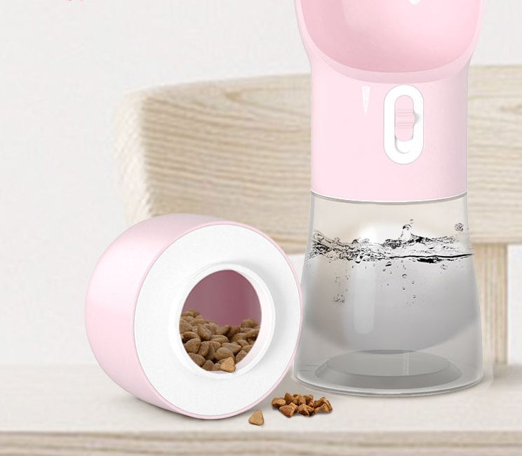 Two-in-one pet travel bottle showing 258 ml water chamber and 200 g food compartment