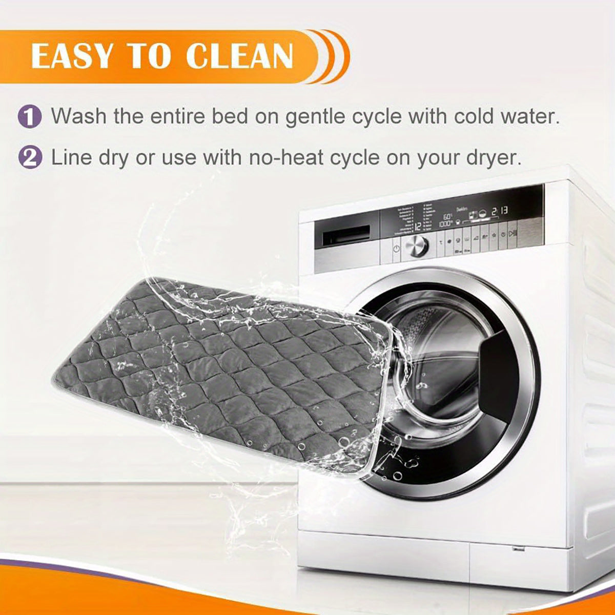 Washable self-heating dog and cat mat shown in washing machine