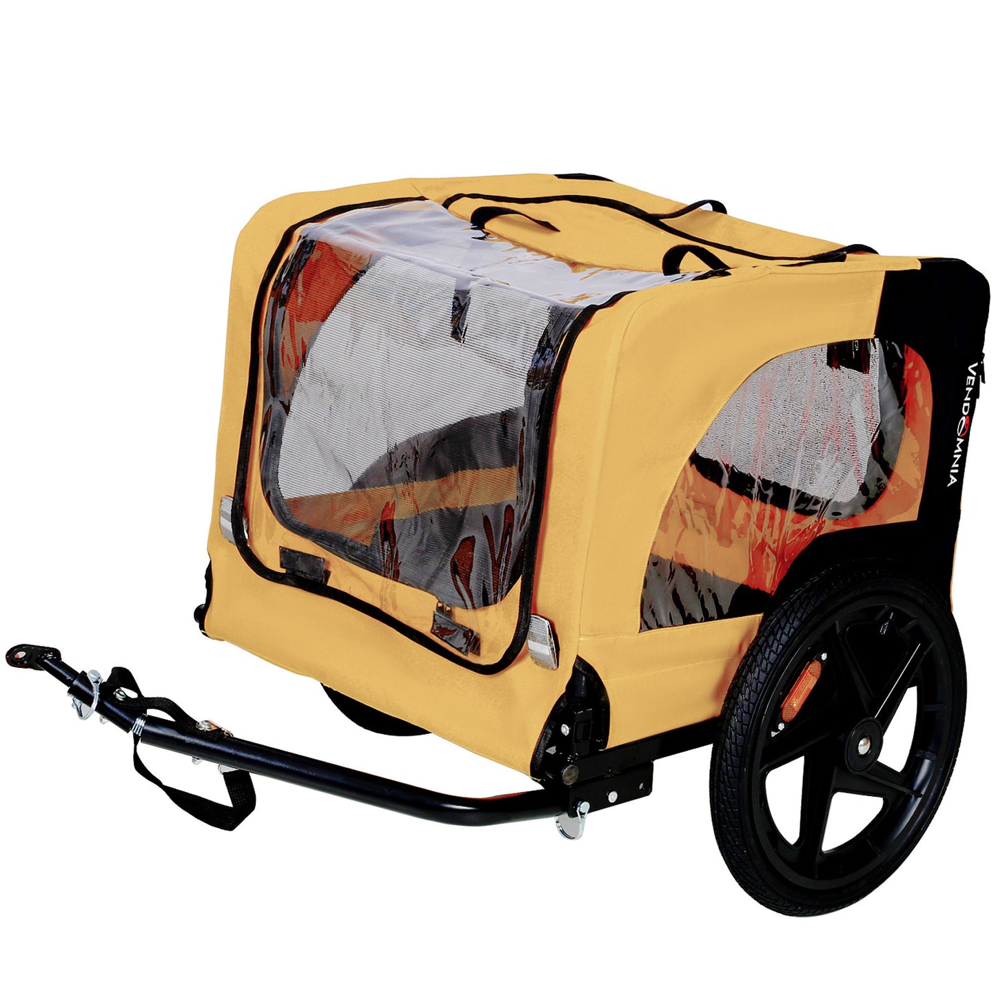 Yellow senior dog bicycle trailer with durable steel frame, mesh panels, and rear door