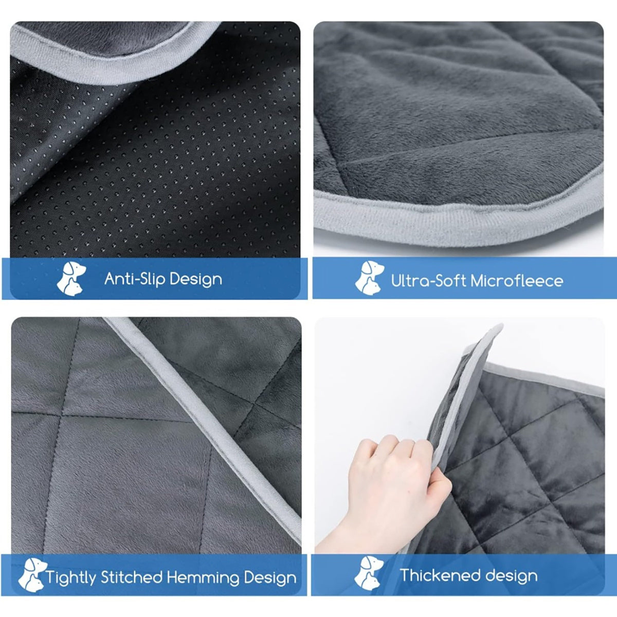 Gray quilt with features highlighted on a white background
