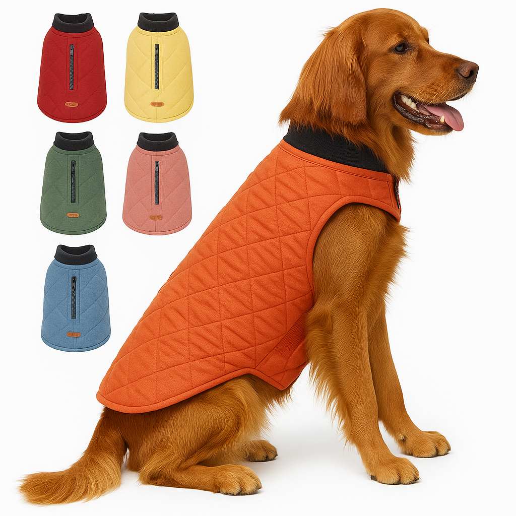 Dog wearing an orange quilted coat with color swatches of other coats on a white background