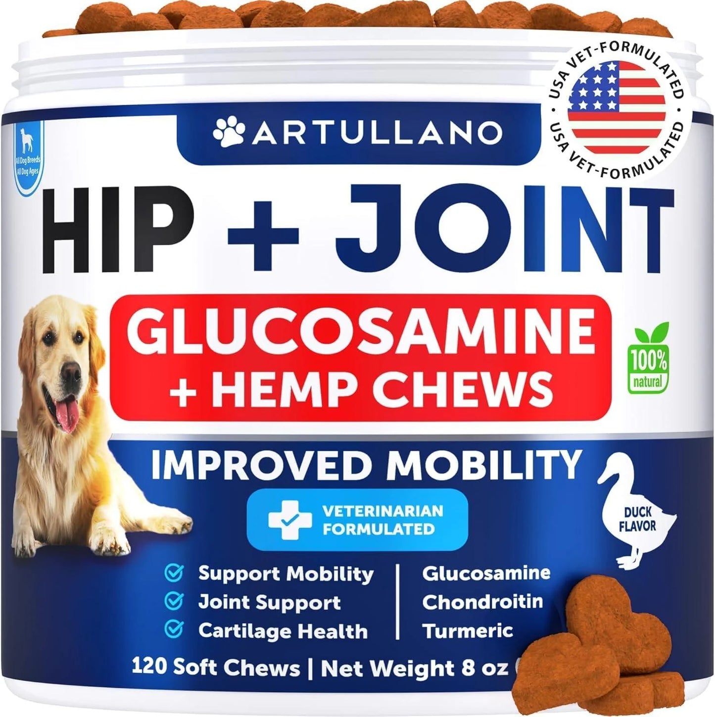 Senior dog glucosamine hip and joint soft chews in container with improved mobility label