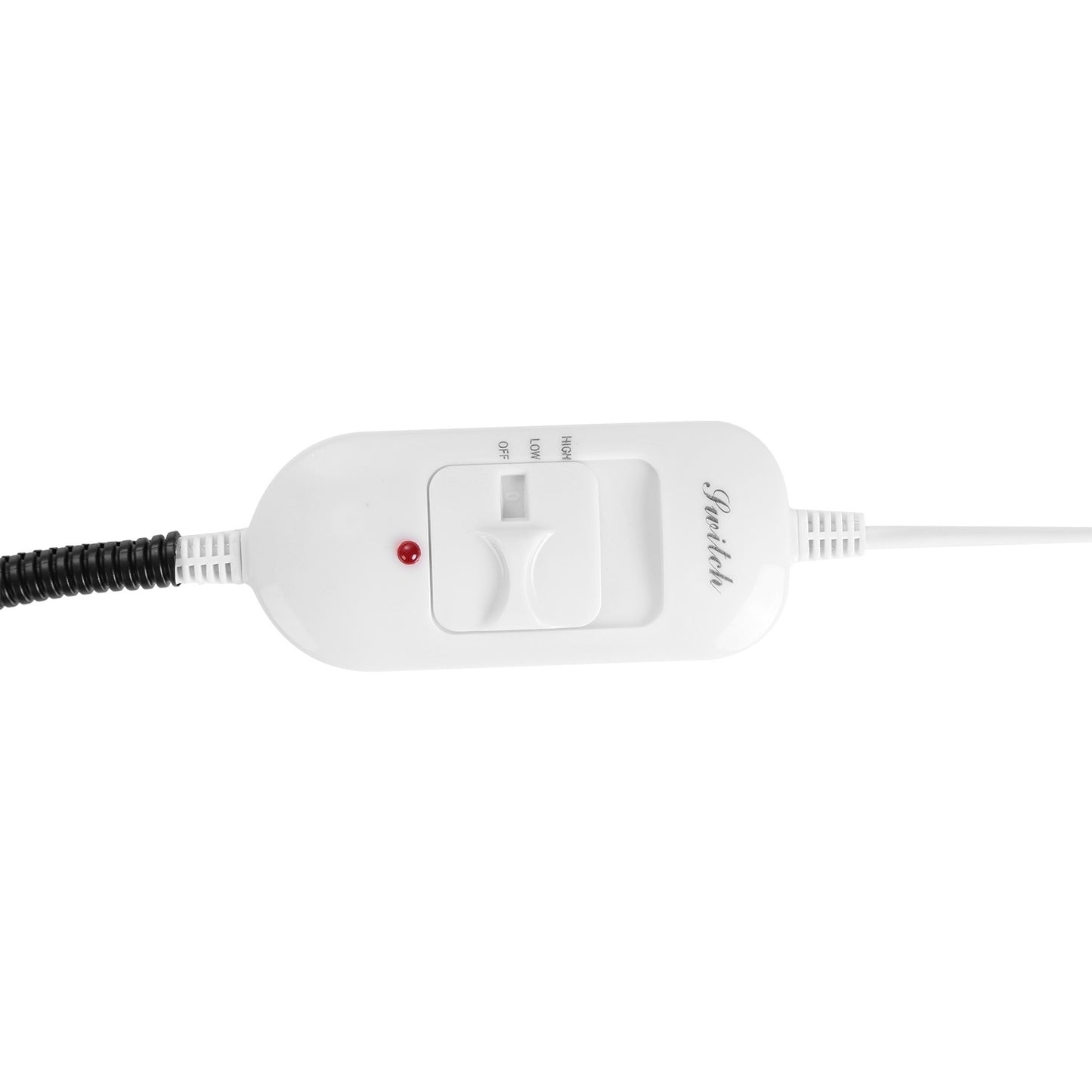 Close-up of pet heating pad temperature controller with High/Low/Off settings