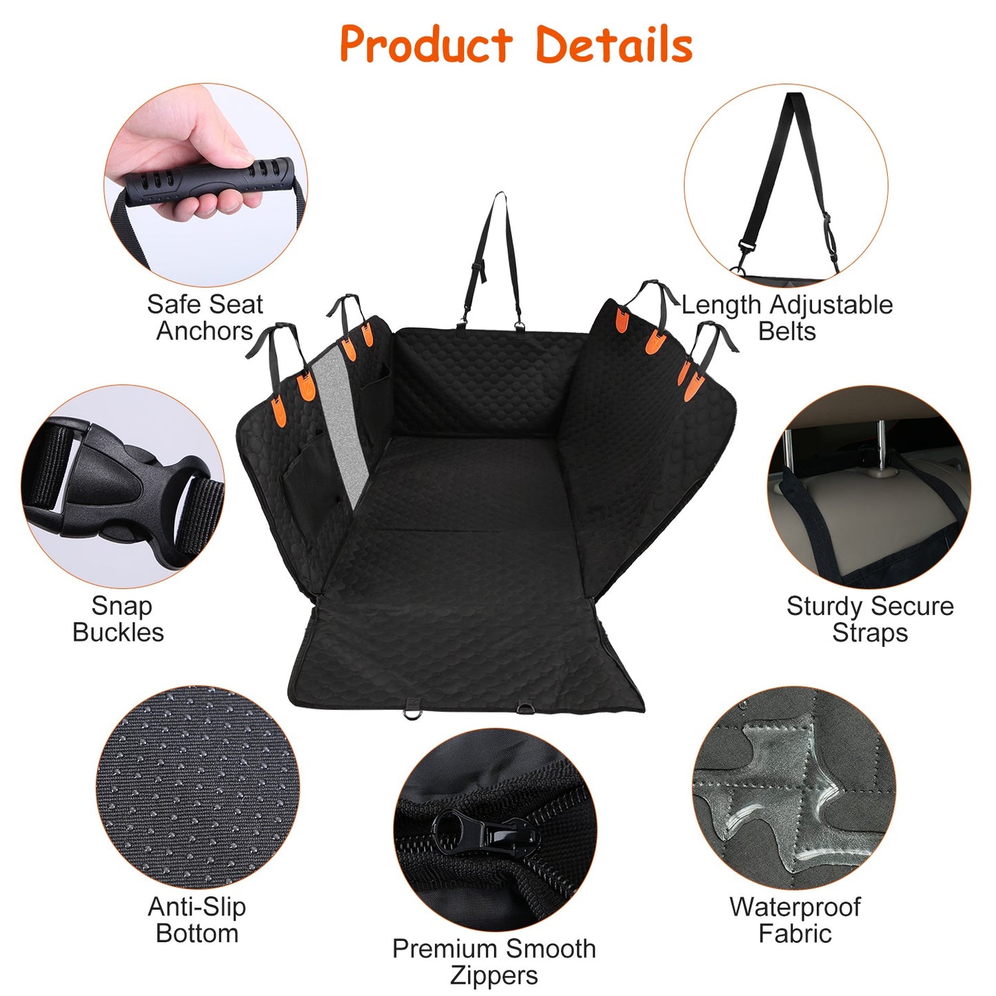 Product details of senior dog car seat hammock with secure straps, anti-slip bottom, zippers, and waterproof fabric