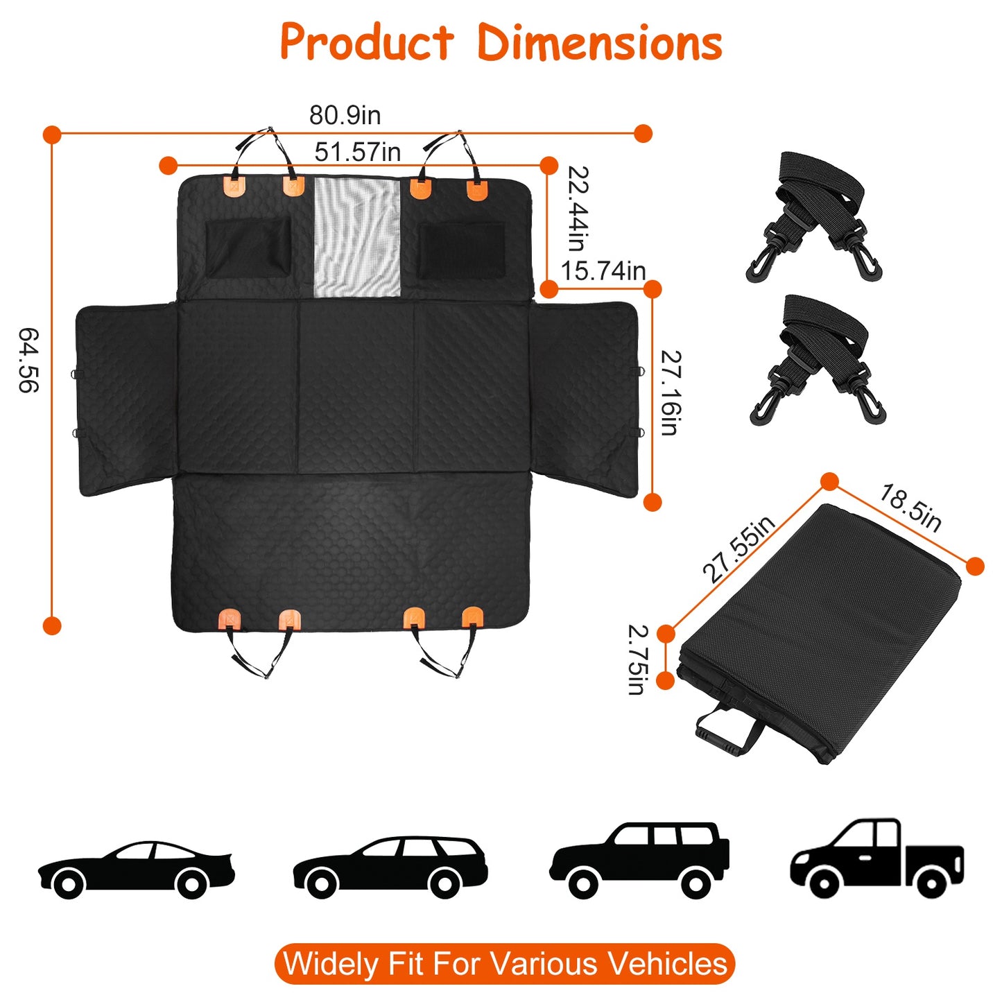 Product dimensions diagram for senior dog car seat hammock with straps and folded view
