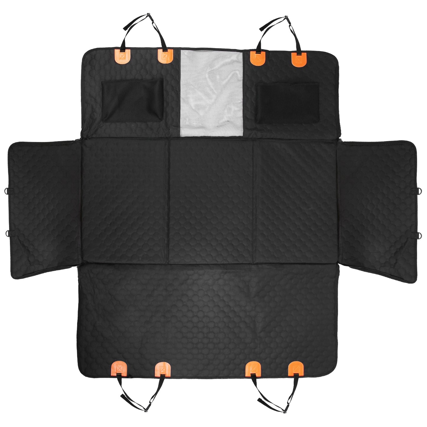 Full layout of senior dog car seat hammock with side panels and mesh screen